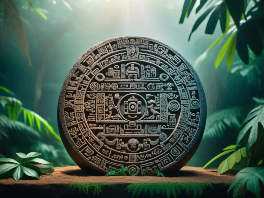 Antiguo calendario maya iluminado por rayo de sol en la selva, evocando misterio y sabiduría ancestral