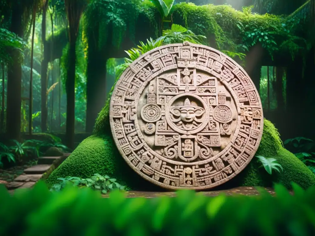 Un antiguo calendario maya de piedra en la selva, con símbolos tallados, resaltando la simbología y el significado de la cultura maya