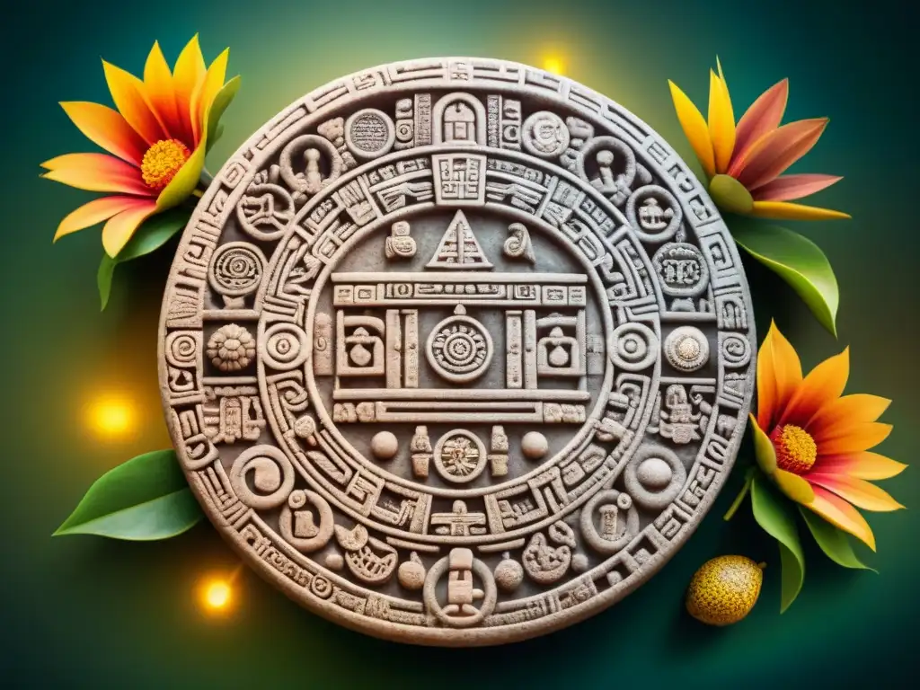 Un antiguo calendario maya rodeado de sacrificios, ofrendas y simbología astronómica, iluminado por luz natural