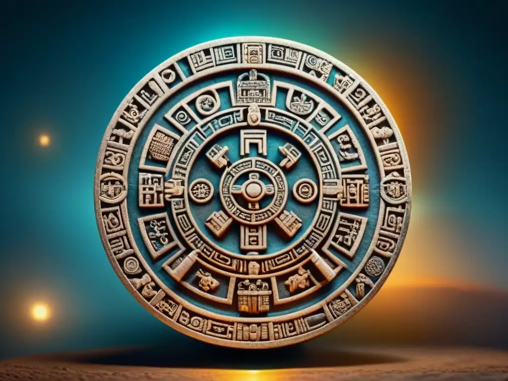 Un antiguo calendario Maya con símbolos y glifos que representan ciclos de tiempo, rodeado de motivos celestiales y elementos cósmicos