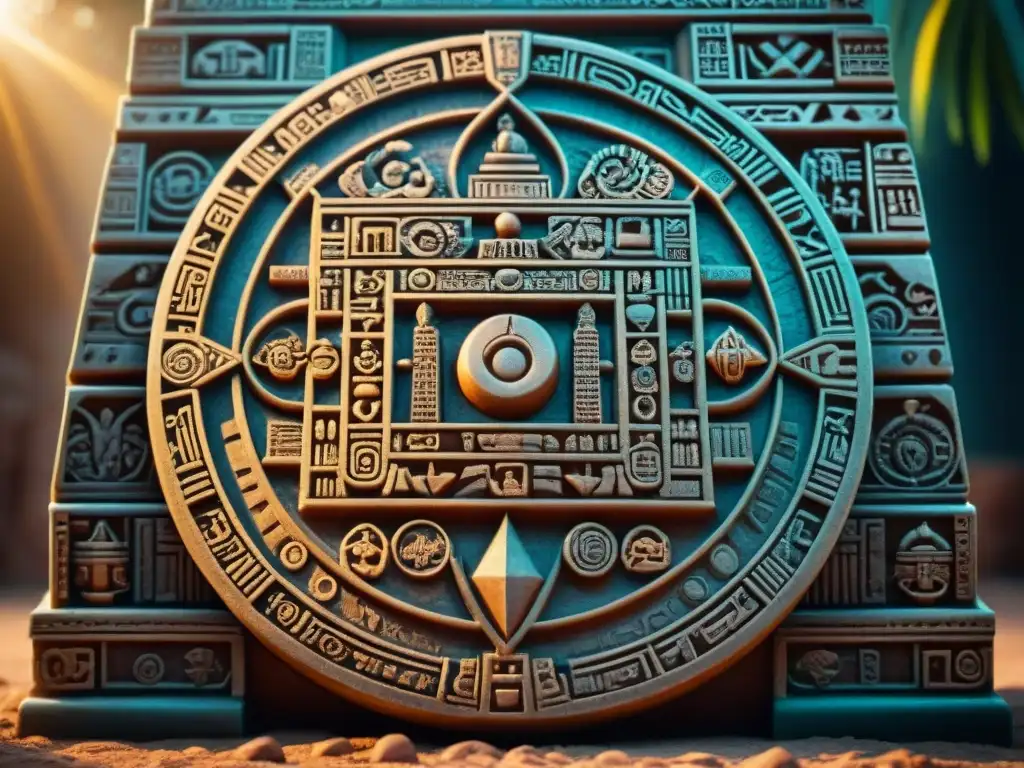 Antiguo calendario maya con símbolos tallados y luz solar, reflejando la conexión entre astrología y matemática maya