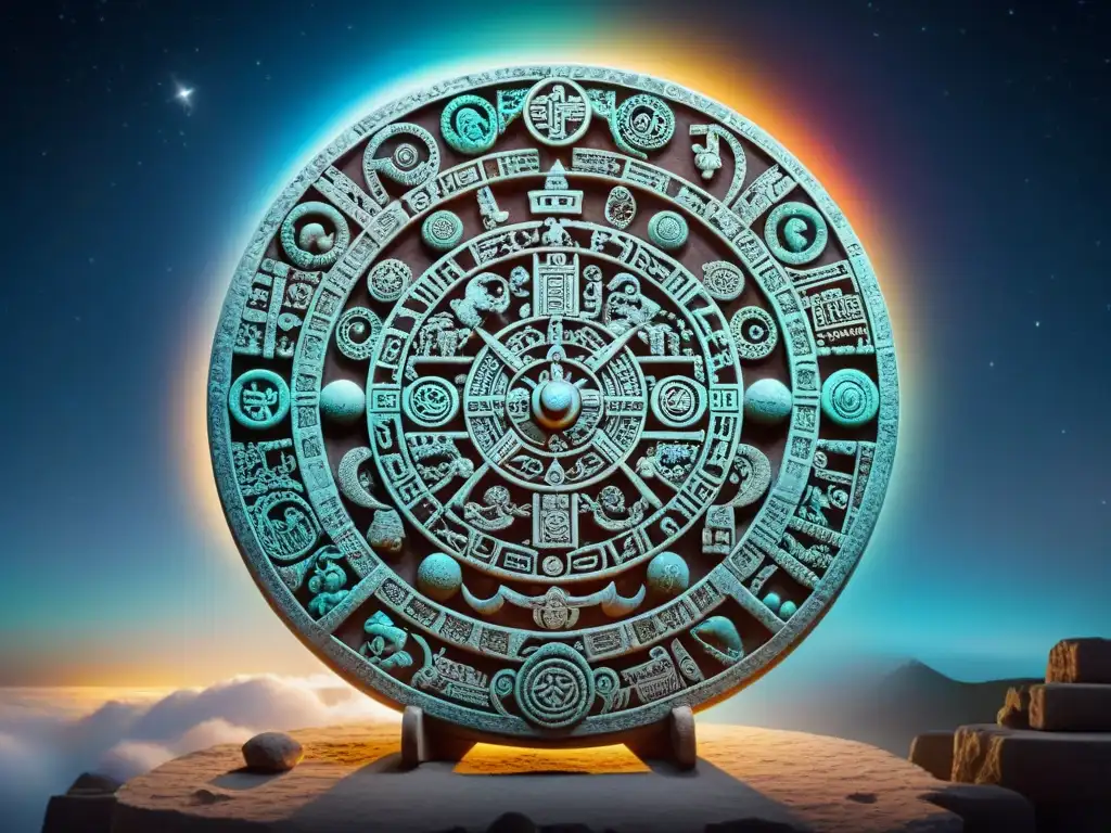 Antiguo calendario maya tallado, reflejando ciclos cósmicos bajo la luz de la luna