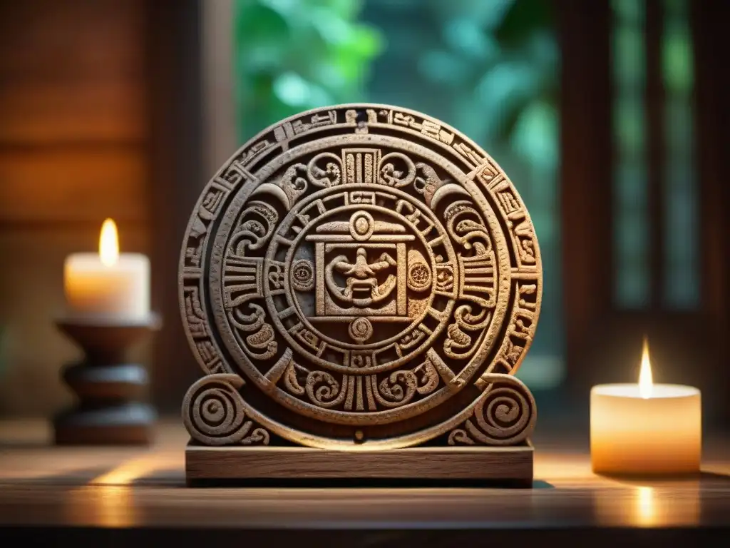 El antiguo calendario maya tallado, iluminado por velas, refleja la influencia de rituales religión comercio maya