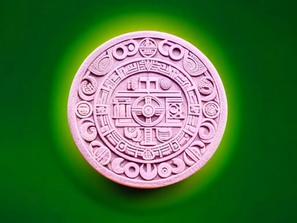 El antiguo calendario maya tallado en piedra, símbolos y glifos detallados, representando el significado de los ciclos de vida en la filosofía maya