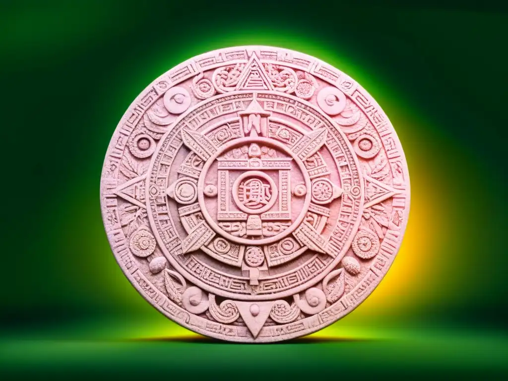 Un antiguo calendario maya tallado en piedra, iluminado por la suave luz dorada del atardecer, rodeado de exuberante vegetación selvática, fusionando la sabiduría ancestral con la fuerza vital de la naturaleza en la cosmología maya vida cotidiana