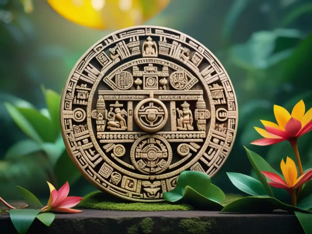 Un antiguo calendario maya tallado en piedra, iluminado por el sol dorado en la exuberante selva, simbolizando rituales mayas cambios estacionales