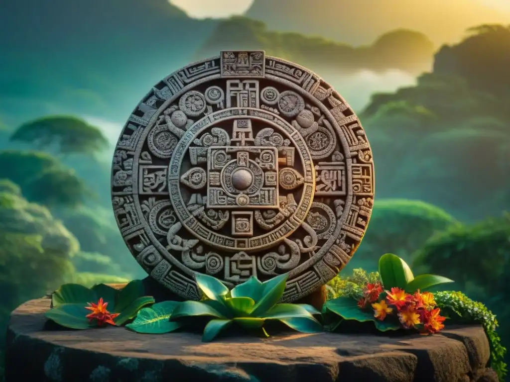 Calendario Maya esculpido al atardecer Un antiguo calendario maya tallado en piedra, iluminado por el sol poniente, rodeado de vegetación exuberante y flores tropicales