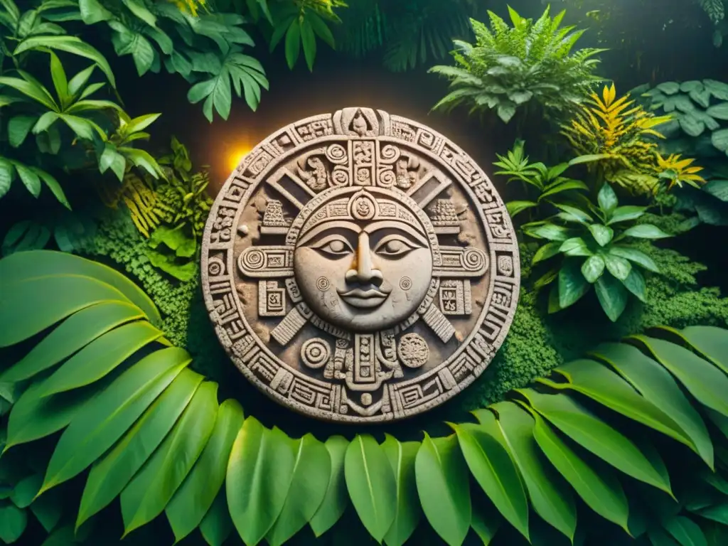 Antiguo calendario maya tallado con símbolos del sol y la luna en la selva, destacando la mitología maya significado sol luna