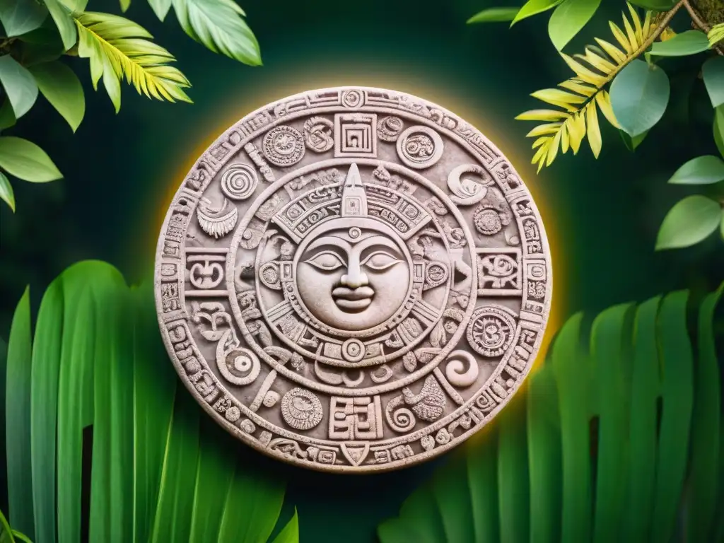 Antiguo calendario maya tallado con símbolos de ciclos lunares en la exuberante jungla, evocando misticismo y sabiduría ancestral
