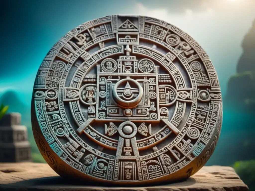 Un antiguo calendario maya tallado con símbolos y glifos, mostrando la cosmología maya y la sincronización del universo