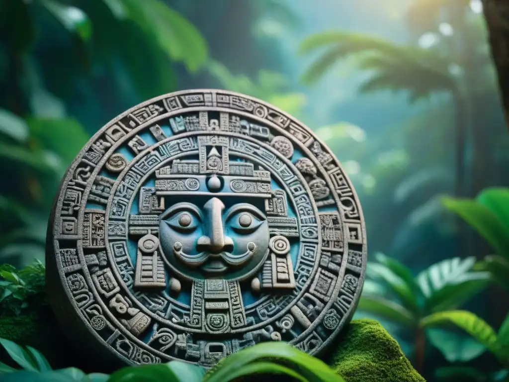 Calendario Maya: sabiduría ancestral en la jungla Un antiguo calendario maya tallado en piedra, rodeado de exuberante selva verde bajo un cielo azul