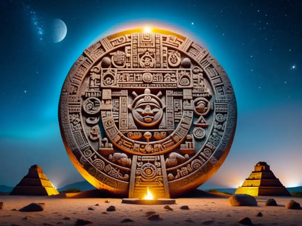 Un antiguo calendario maya tallado con símbolos celestiales, iluminado por una fogata en la noche estrellada