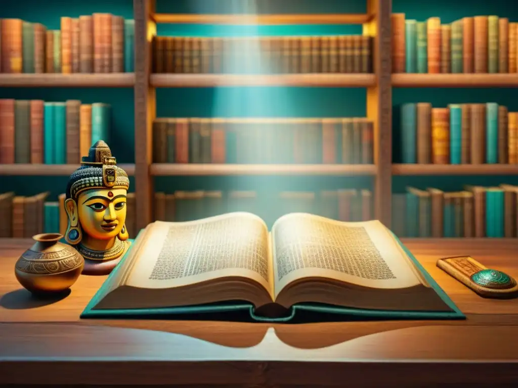 Códice maya: misterios y vida cotidiana en 8k Un antiguo códice maya en una mesa de madera, con ilustraciones detalladas y jeroglíficos