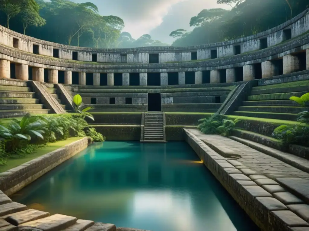 Reservorio maya: ingeniería hidráulica en la selva Antiguo depósito de agua maya en la densa selva, mostrando avanzado sistema hidráulico