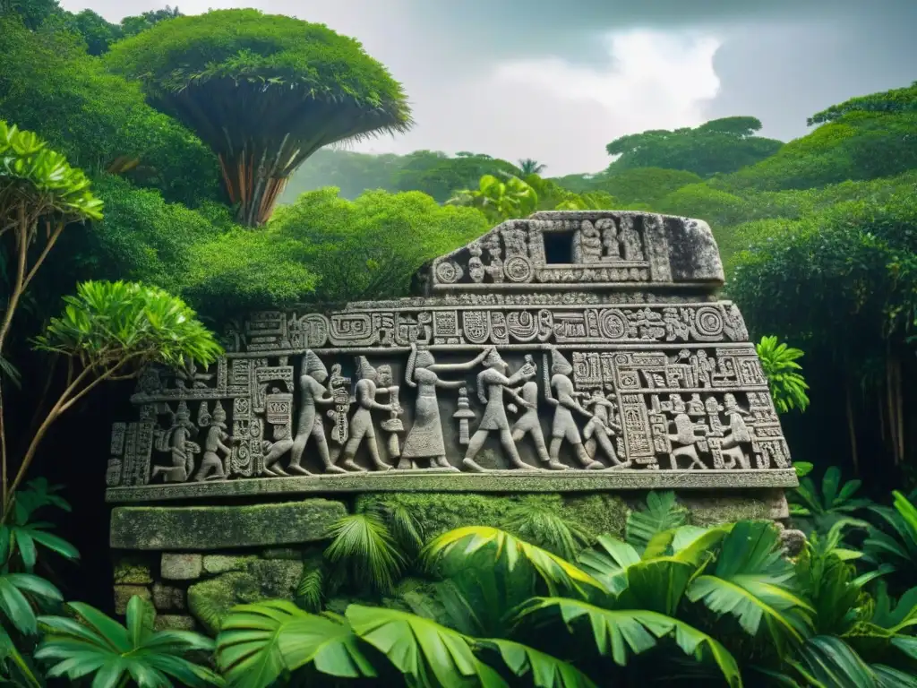 Un antiguo jeroglífico maya tallado en una losa de piedra en Tulum, rodeado de exuberante vegetación, evocando la historia maya y el turismo cultural