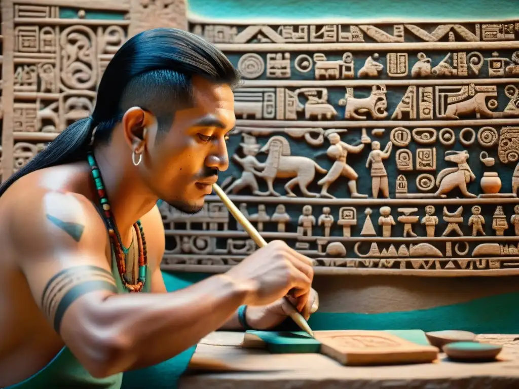 Un antiguo escriba maya pintando jeroglíficos con colores vibrantes en papel de corteza