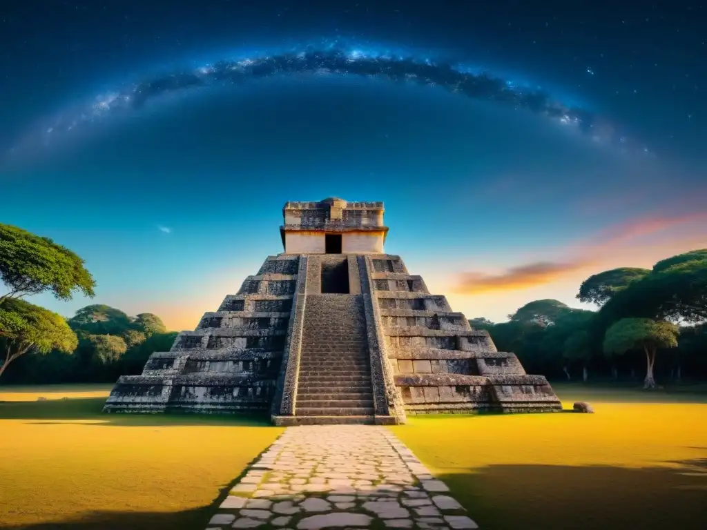 Observatorio astronómico maya: conexión estelar Antiguo observatorio astronómico maya con estructuras de piedra alineadas con eventos celestiales, bajo un cielo estrellado