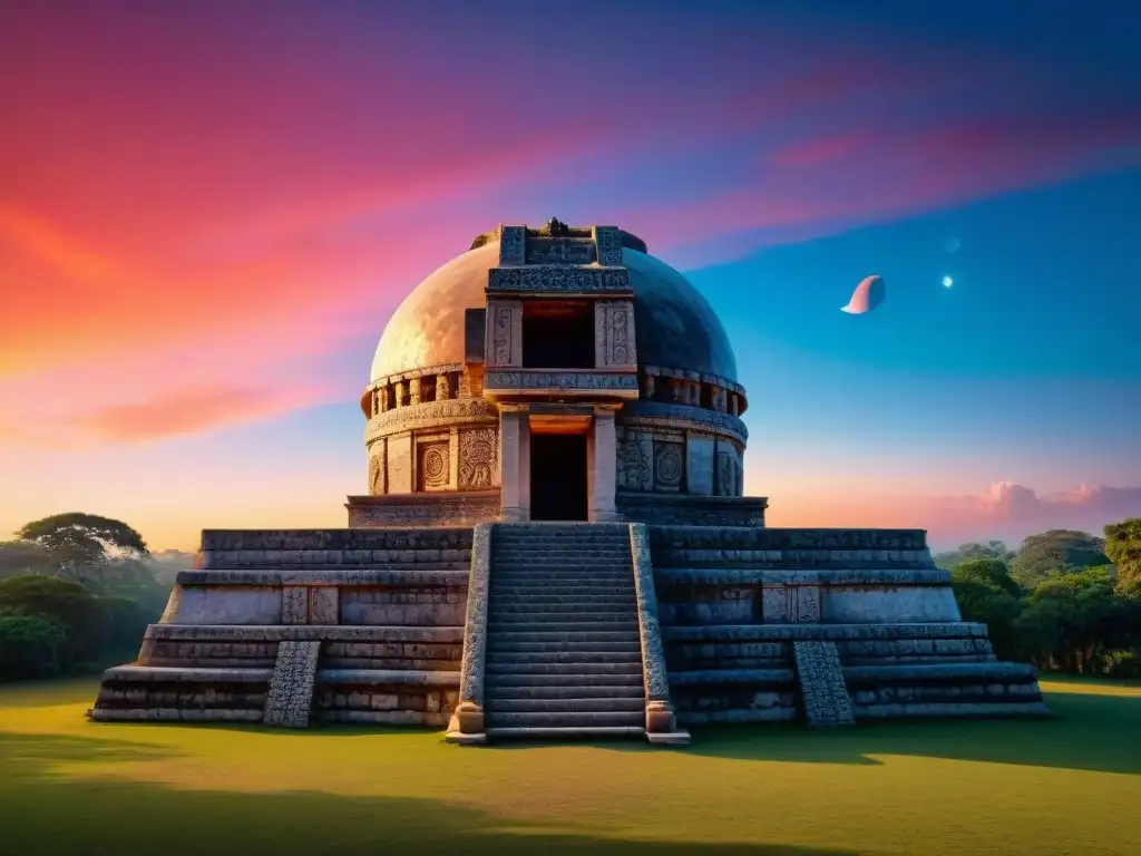 Antiguo observatorio astronómico maya de Venus al atardecer, con detalladas esculturas de piedra y alineaciones precisas