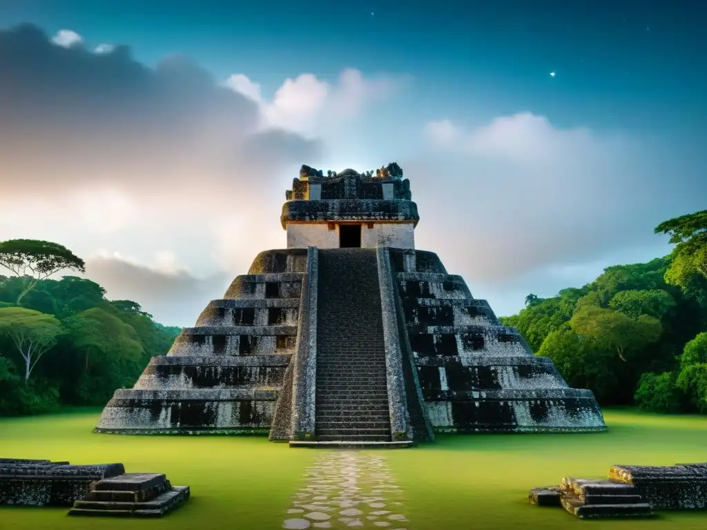 Antiguo observatorio maya en Caracol Belice, con arquitectura de piedra detallada y alineaciones astronómicas con el cielo nocturno estrellado