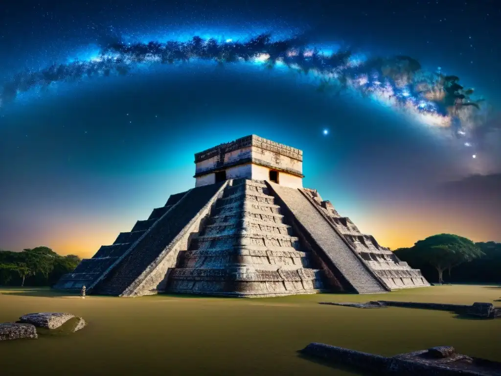 Antiguo observatorio maya con astrónomos modernos: fusión de astronomía en rituales mayas bajo un cielo estrellado