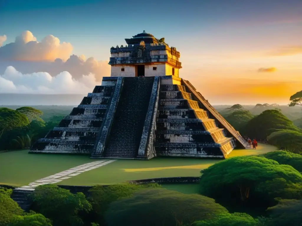 Antiguo observatorio maya al atardecer con observación astronómica de Venus en la selva