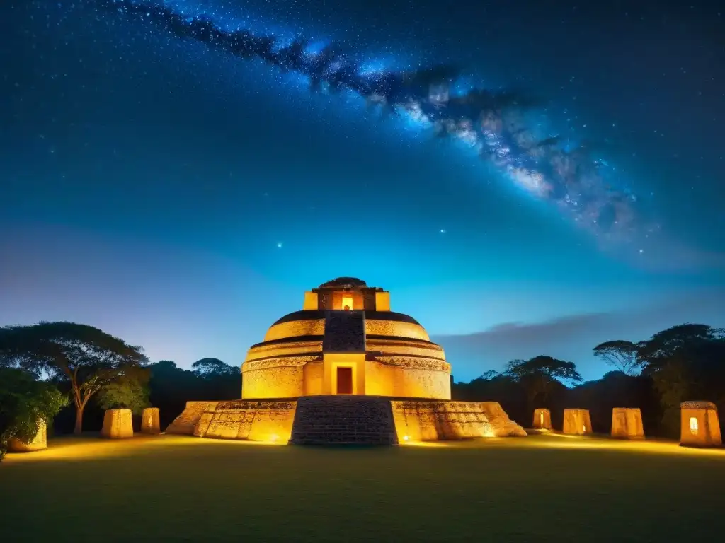 El antiguo observatorio maya, El Caracol, destaca bajo un cielo estrellado, evocando misterio y avanzada astronomía