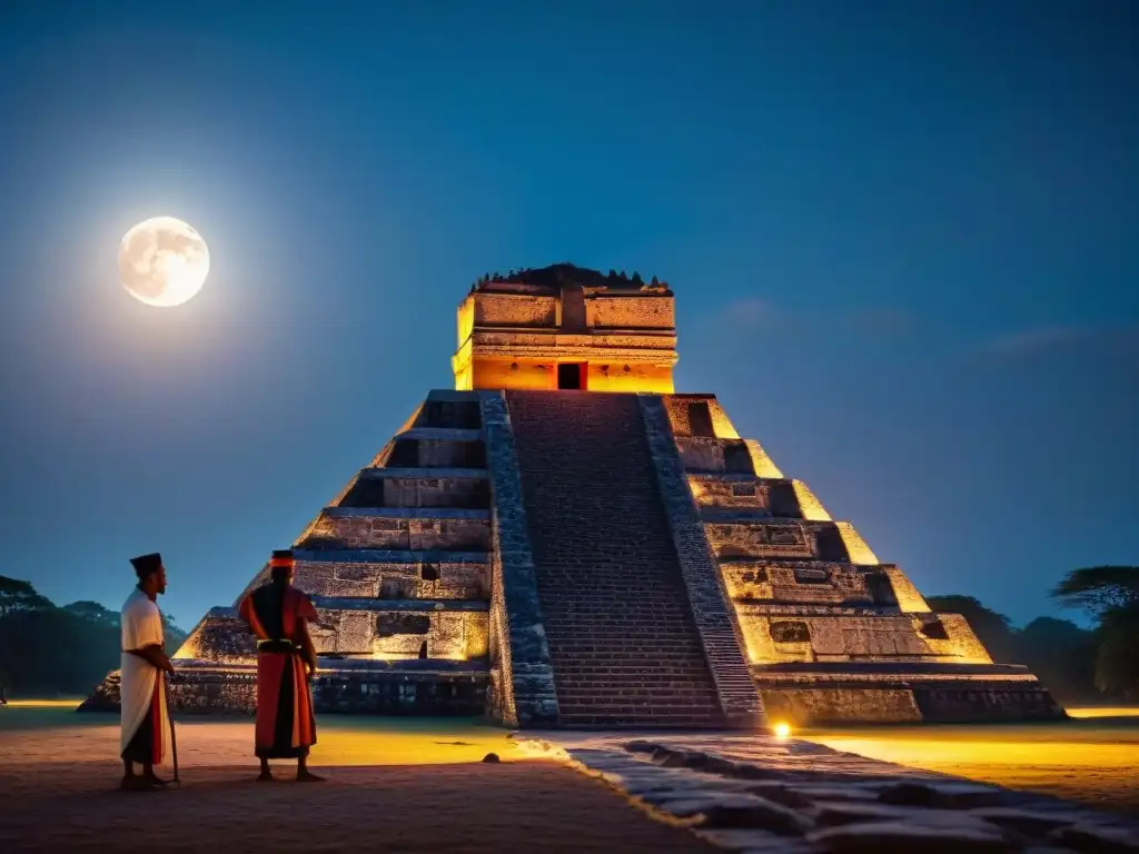 Antiguo observatorio maya con eclipse lunar total, sacerdotes realizando ritual bajo la luna