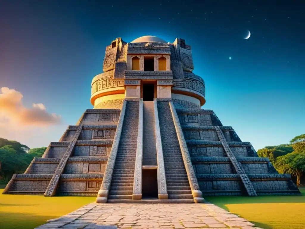 Antiguo observatorio maya con símbolos celestiales tallados, destacando su conocimiento matemático en observación celestial maya