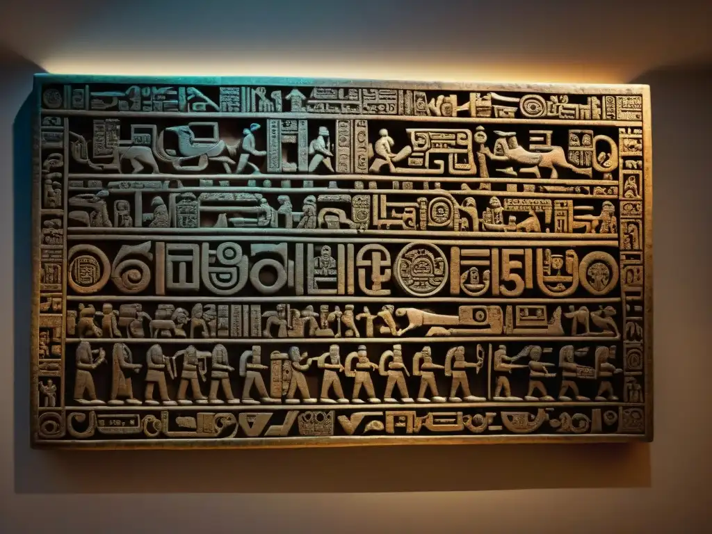 Antiguo panel de escritura maya en museo, con símbolos grabados que evocan la cultura y la exploración de esta civilización milenaria