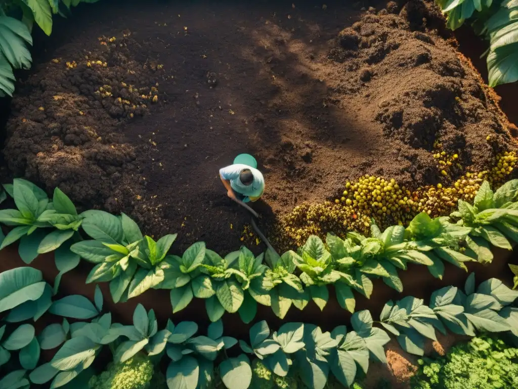 Un antiguo pozo de compostaje maya ancestral, con capas de materia orgánica y vegetación vibrante bajo el sol de Yucatán