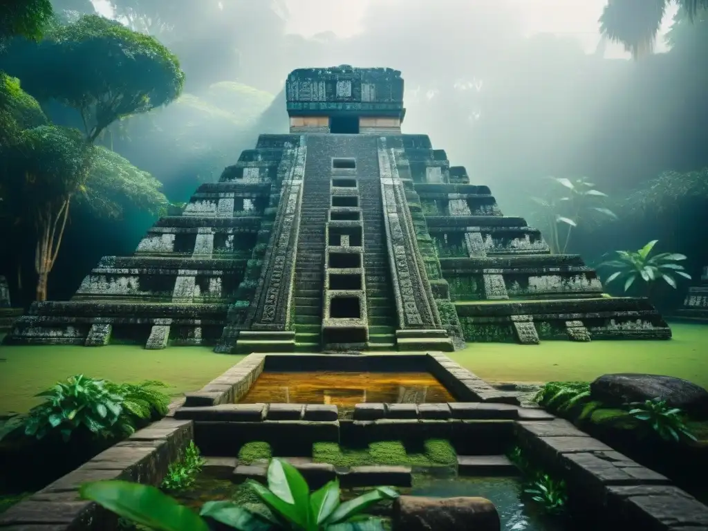 Antiguo sistema de purificación de agua maya: estructuras de piedra tallada rodeadas de exuberante vegetación, agua cristalina y misterio ancestral