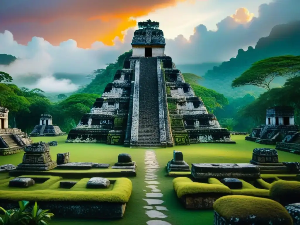 Un antiguo sitio funerario maya con tumbas y templo de piedra, rodeado de vegetación exuberante al atardecer