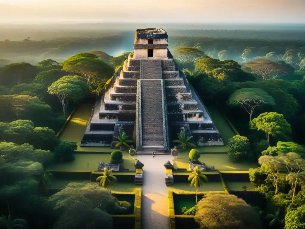 Antiguo sitio Maya al atardecer, con pirámide central y selva densa, evocando misterio y asombro en ritual sacrificio maya reconstrucción metodología