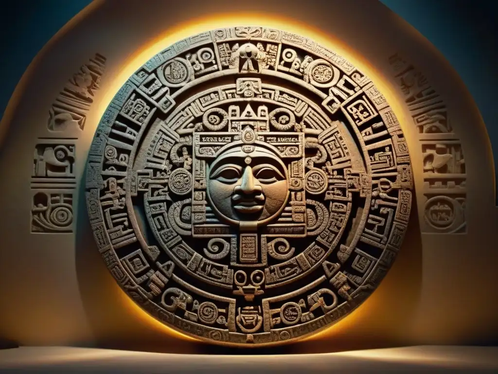 Antiguo tallado de piedra del calendario maya con detalles precisos iluminados por el sol, evocando conexión cósmica