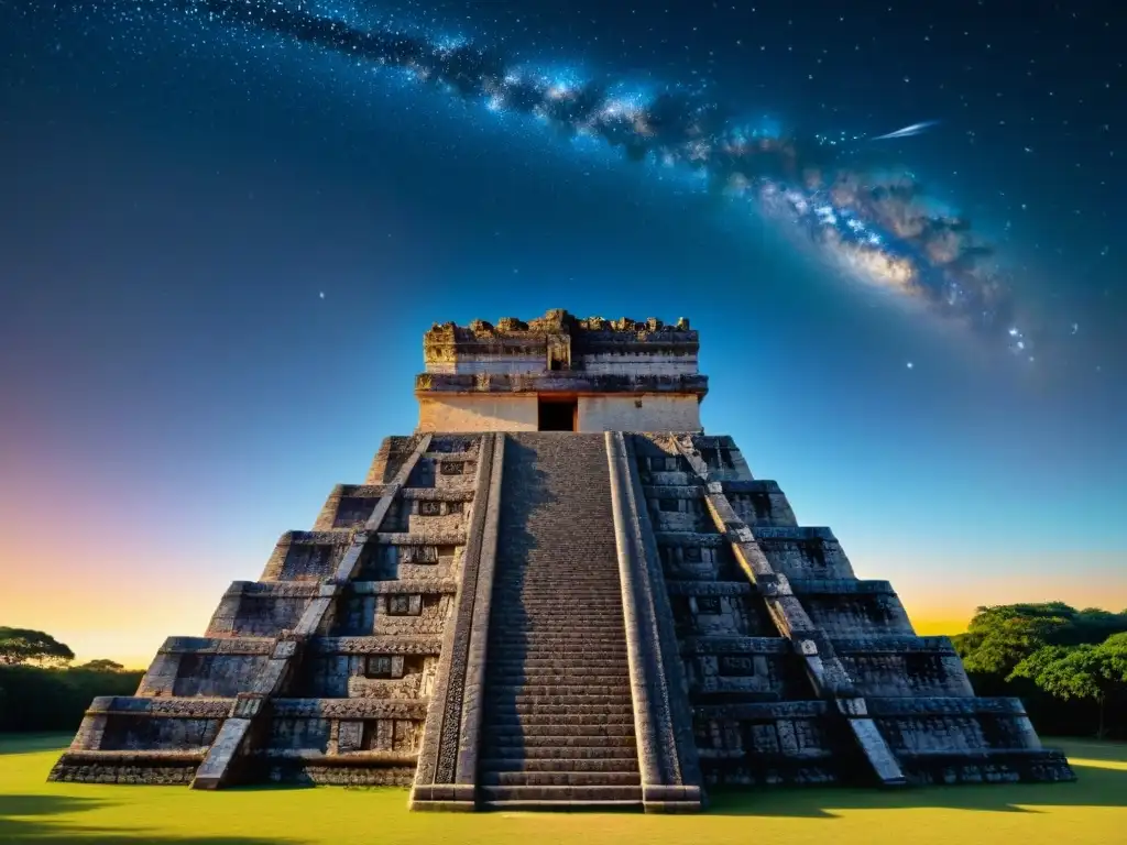 Antiguo templo maya con Herramientas de cálculo matemáticas mayas y constelaciones en el cielo nocturno