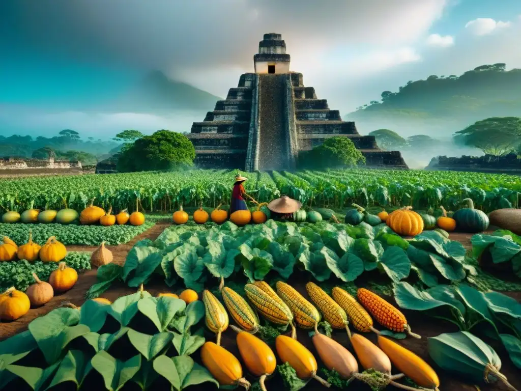 Antiguos agricultores mayas cuidando campos de calabaza bajo el sol mesoamericano