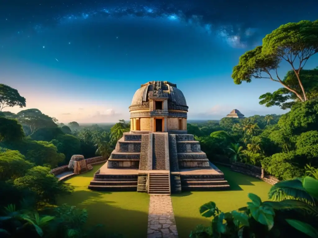 Antiguos astrónomos mayas estudian el cielo estrellado desde observatorio, entre selva exuberante