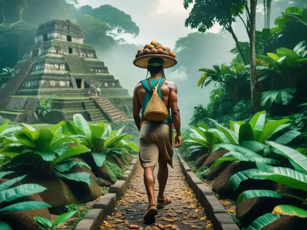 Antiguos comerciantes mayas transportando cacao en la exuberante selva tropical