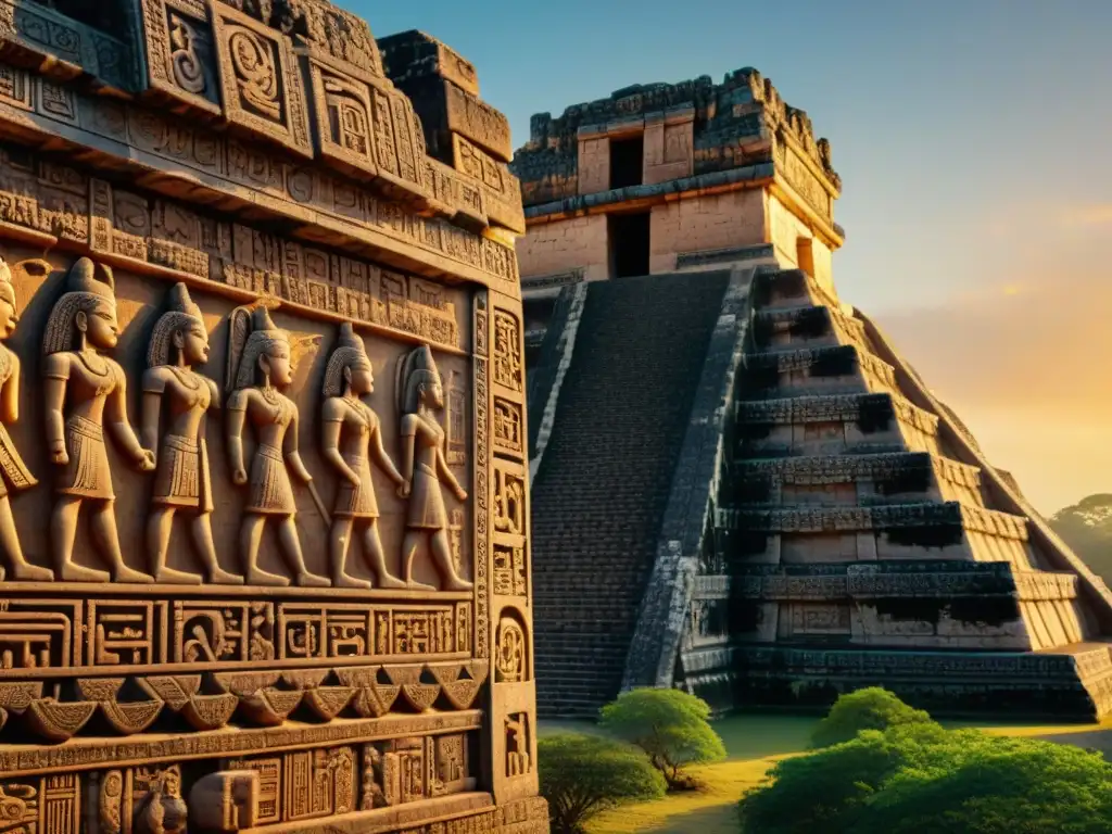 Antiguos jeroglíficos mayas iluminados por el sol, resaltando la importancia espiritual de las alineaciones astronómicas mayas