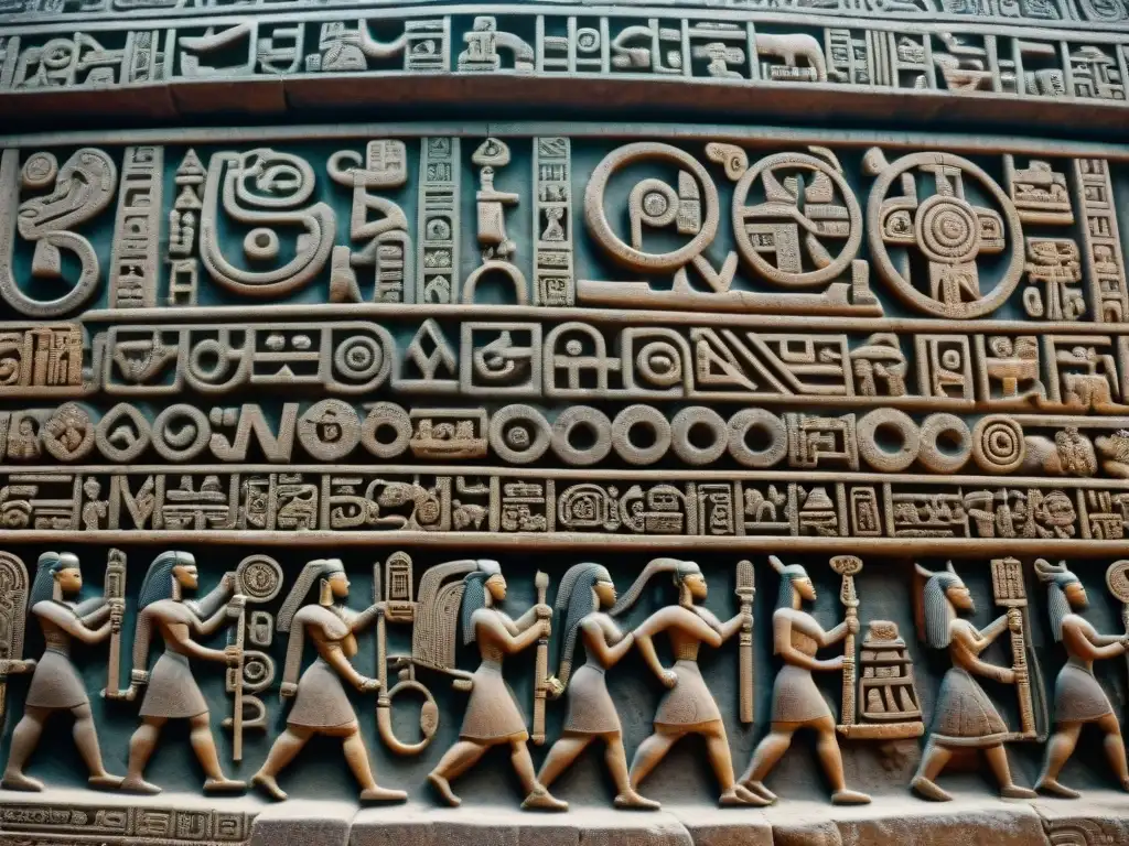 Antiguos jeroglíficos mayas tallados en piedra, revelando lecciones económicas de la civilización maya