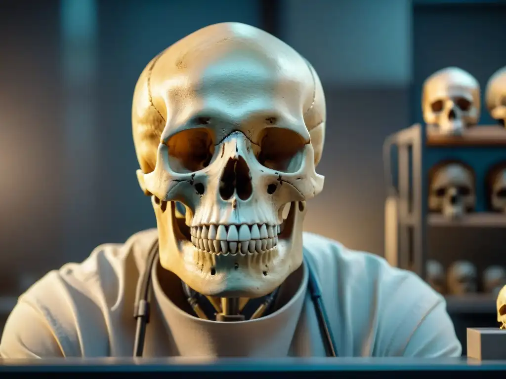 Reconstrucción facial maya: tradición y ciencia en detalle Un antropólogo forense reconstruye meticulosamente el rostro de un individuo maya en un laboratorio iluminado tenue