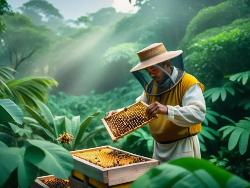 Un apicultor maya cuida de abejas sagradas en la selva del Yucatán, reflejando la armonía con la naturaleza