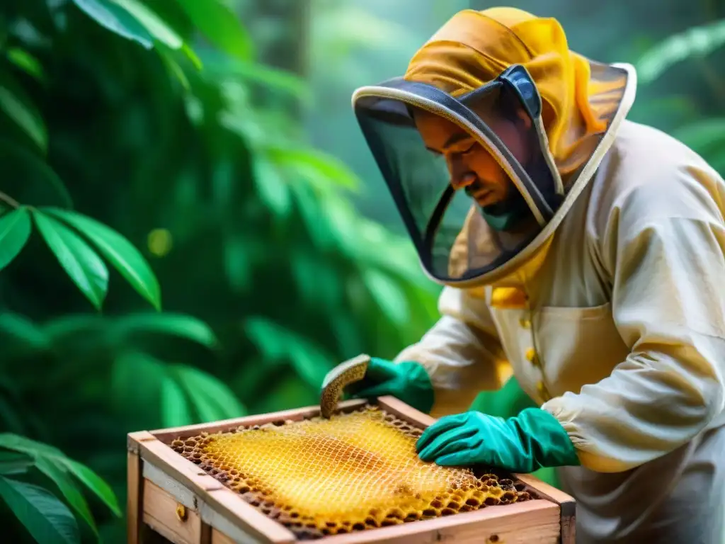 Un apicultor maya inspecciona colmena rodeado de vegetación tropical, en una escena iluminada por un suave resplandor dorado