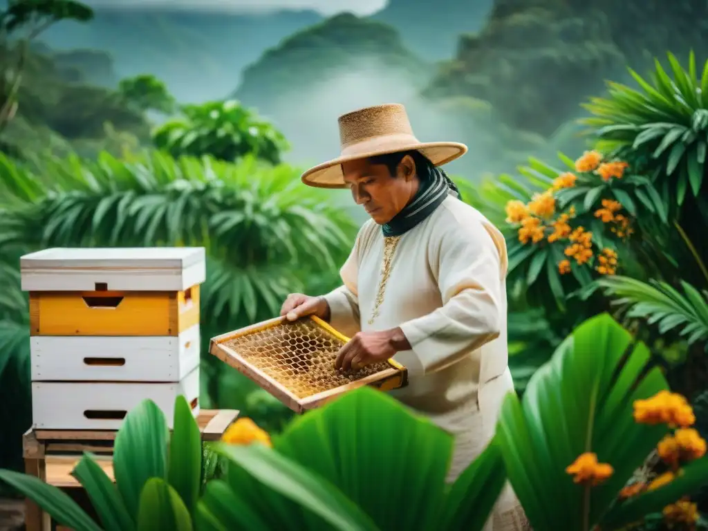 Un apicultor maya cuidando colmenas de hojas tejidas en la selva