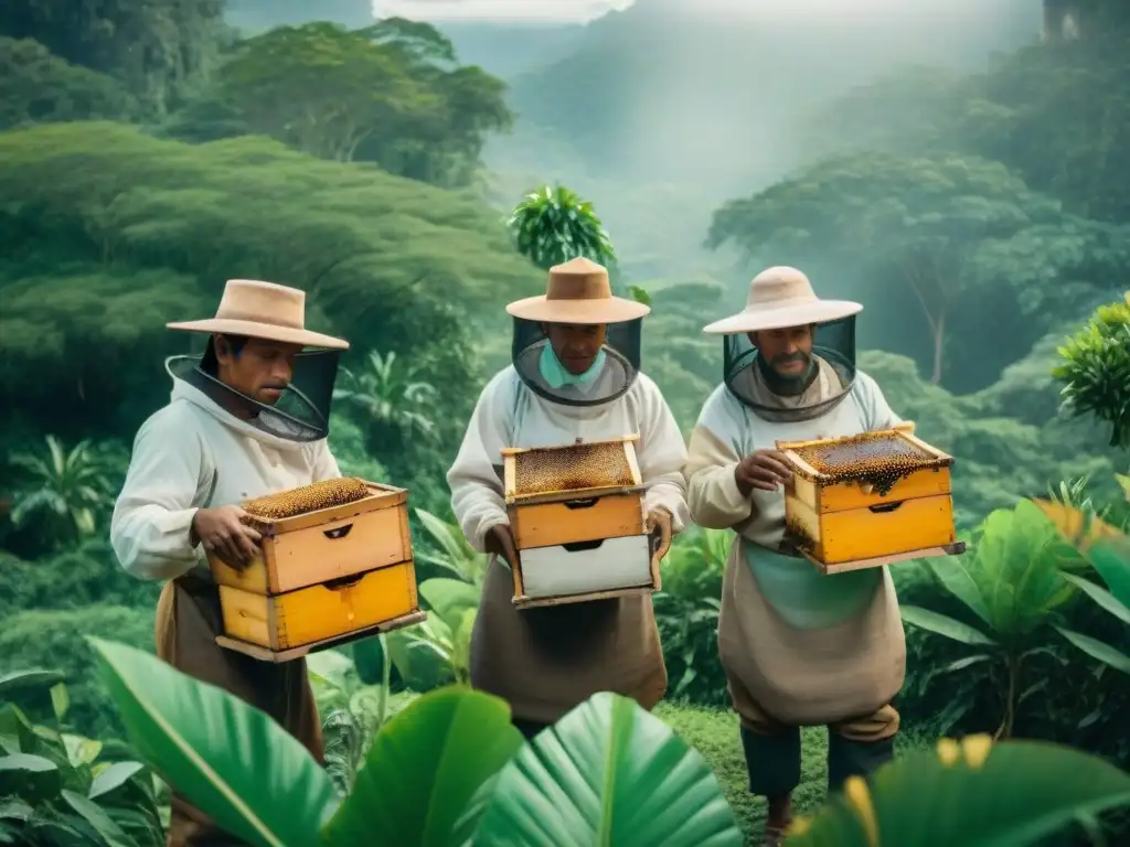 Apicultura maya impacto ecológico: Mayan beekeepers en la selva cosechando miel con técnicas ancestrales