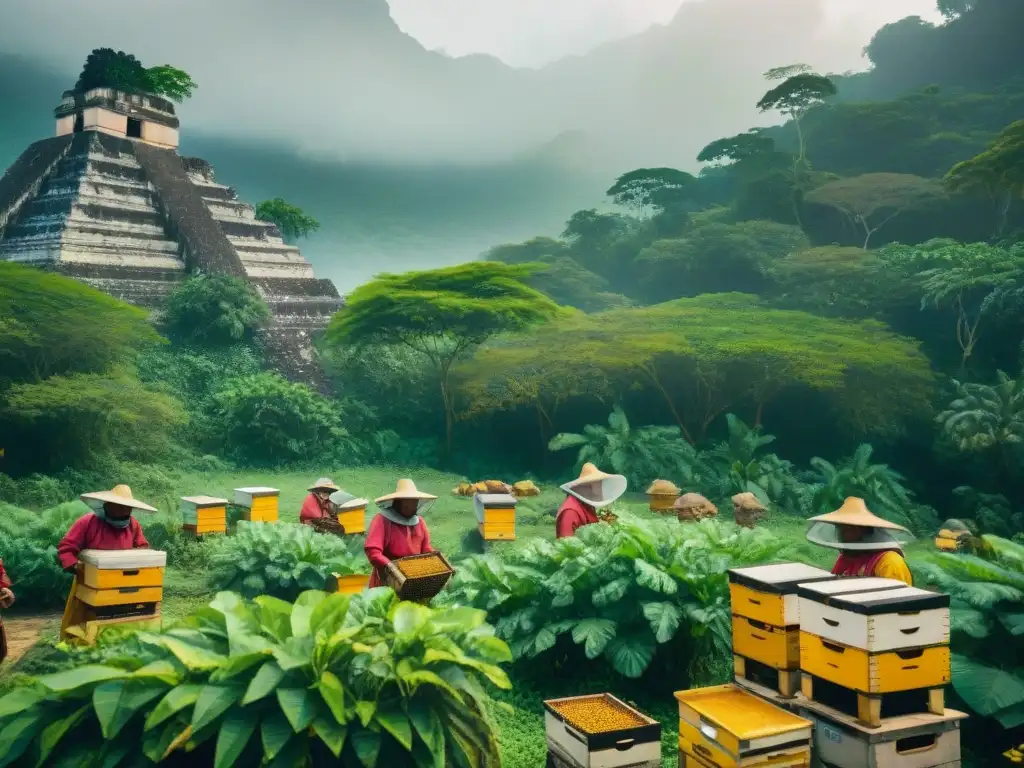 Apicultura maya impacto ecológico: Mayan beekeepers recolectando miel dorada en la exuberante vegetación tropical