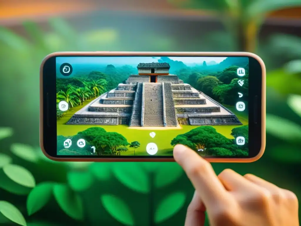 Realidad aumentada: juego de pelota maya en detalle Increíble visualización en AR de una cancha de juego de pelota maya rodeada de vegetación exuberante