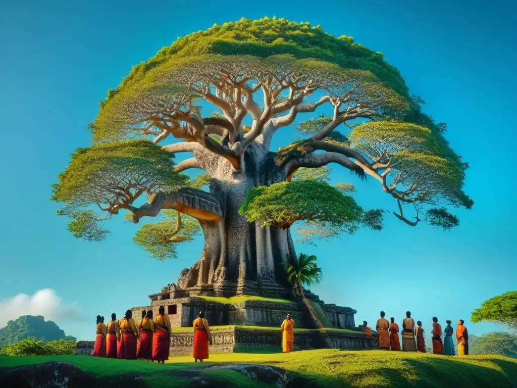 Árbol del Mundo Maya: majestuoso Ceiba en ritual ancestral bajo un cielo azul