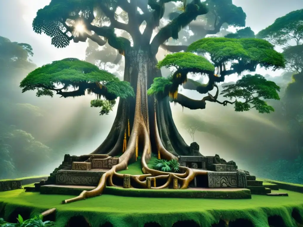 Árbol sagrado Ceiba en selva maya con grabados de rituales antiguos y misteriosa neblina