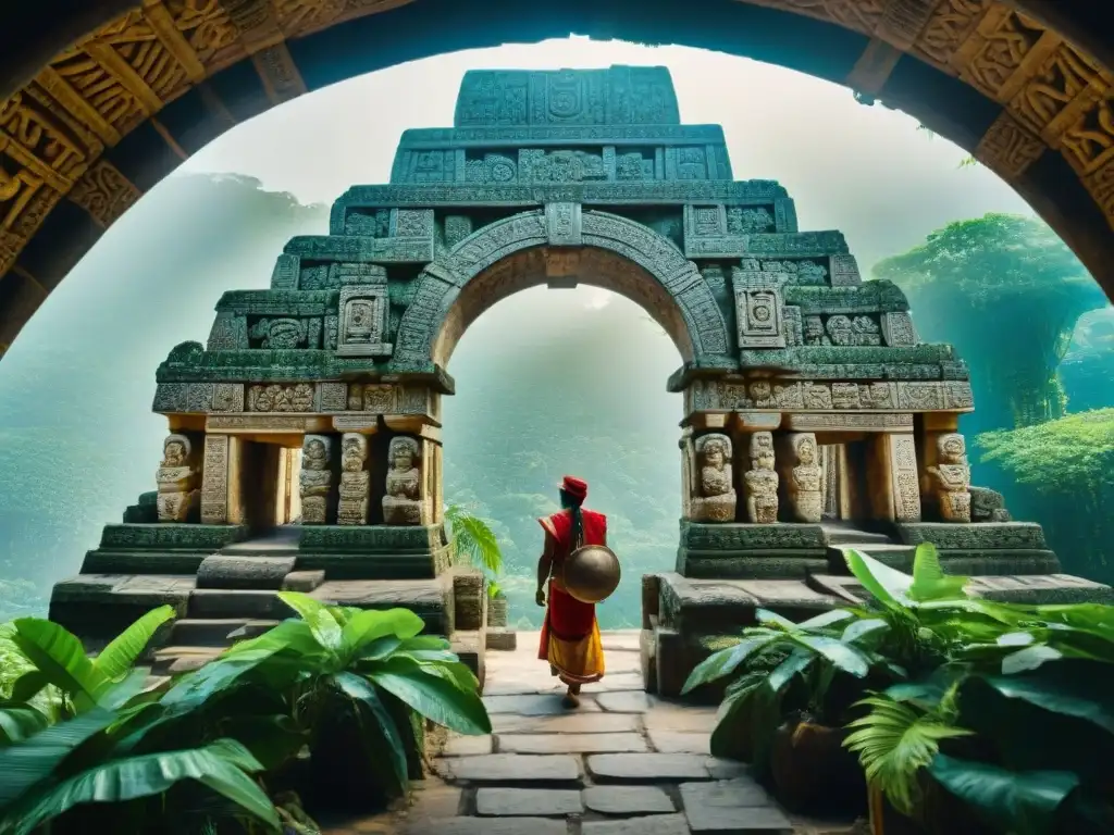 Arco maya de piedra rodeado de vegetación en mercado con comerciantes, reflejando legado de Construcciones mayas en rutas comerciales